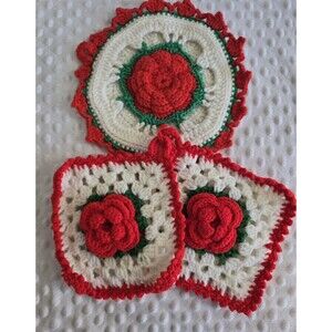 Vintage Crocheted Pot Holders Set Red Rose White Green Christmas Lot 3 Hot Pads